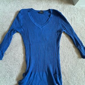 Blue Ribbed V-Neck Women's Top